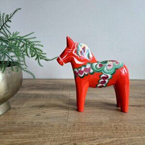 Vintage Sweden Wooden Dala Hand Painted Red Horse Figurine Nils Olsson Hemslojd